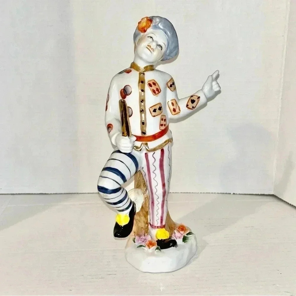 Hand Painted Porcelain Ceramic Figurine Pierrot Harlequin Lady Gilded 11”x4”